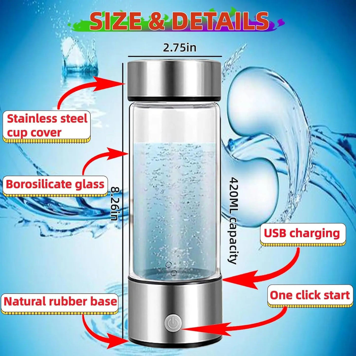 Portable Hydrogen Water Generator Bottle Rechargeable Electric Alkaline Water Ionizer Cup Hydrogen-Rich Health Care Drinkware