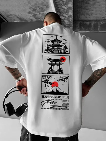 Men's T-Shirts Fuji Mountain Cherry Blossom Print Summer Autumn Harajuku Daily Sports Comfortable Casual Loose Short-Sleeve Top