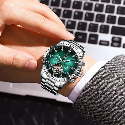 POEDAGAR Fashion Luxury Men Watch Automatic Date Week Man Wristwatch Hollow Tourbillon Mechanical Stainless Steel Men's Watches
