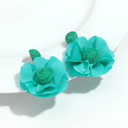 Summer Colorful Lafite Chiffon Flower Earrings for Women Boho Handwoven 3D Flower Fabric Drop Earring Beach Party Jewelry Gifts