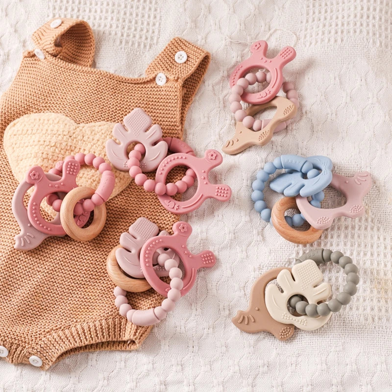1PC Silicone Teether Baby Animal Shape Wooden Teether Ring Kid Gift BPA Free Silicone Children Goods Kid Teething Toy