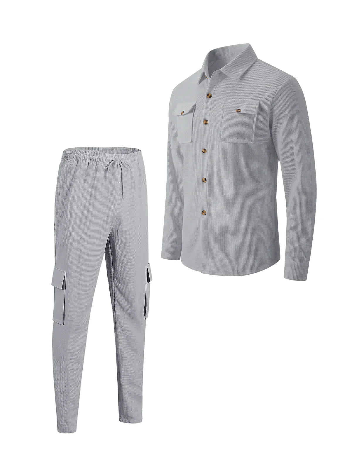 New men's four season outdoor trend casual waffle solid color workwear button pocket lapel jacket workwear pants two-piece set