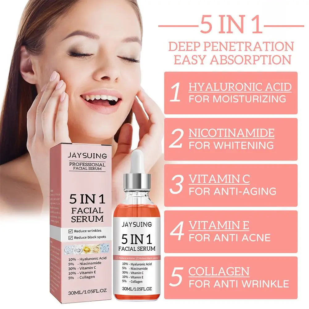 5-in-1 Face Serum 30ml - Moisturizing, Whitening, Anti-Wrinkle, Anti-Aging, Vitamin C & Hyaluronic Acid for Pore Minimizing