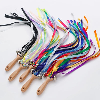 Baby Wooden Rattles with 50cm Rainbow Ribbon Kids Hand Kite Streamer with Bell Outdoor Toys Baby Sports  Educational Toys Gifts