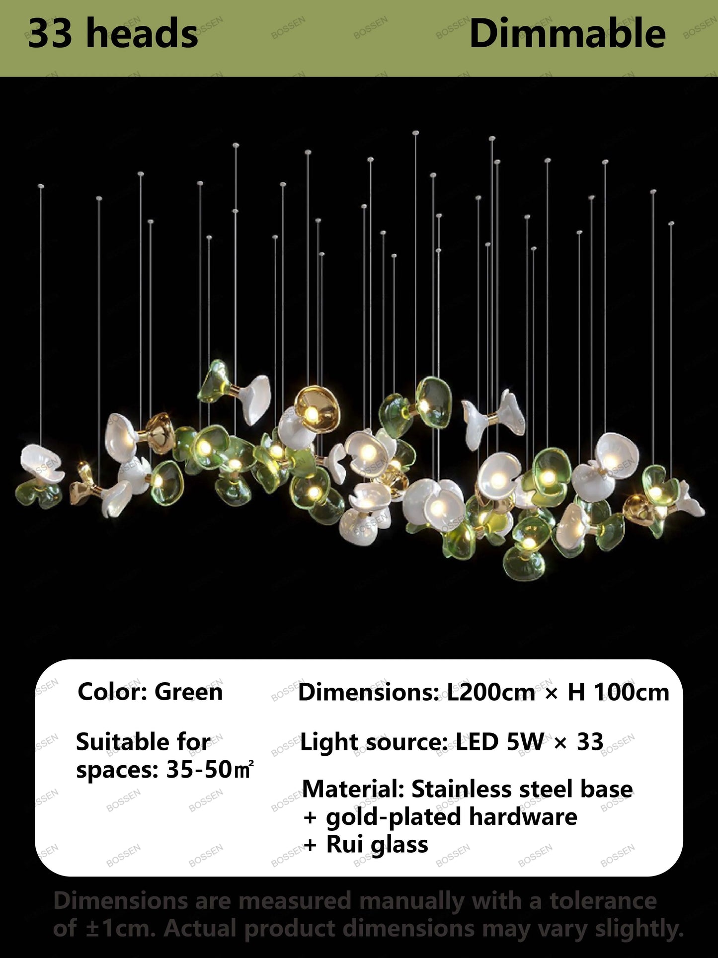 BOSSEN Light Luxury Dimmable Green Crystal Glass Chandelier Pendant Light White Gold Stainless Steel for Living Room decor