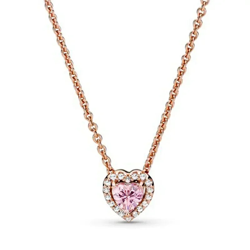 New 925 sterling silver heart-shaped earrings, rings, necklaces, pink red rainbow luxury set, sparkling charm jewelry,  gifts