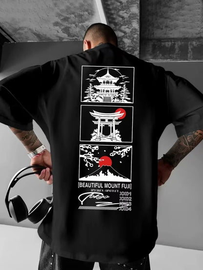 Men's T-Shirts Fuji Mountain Cherry Blossom Print Summer Autumn Harajuku Daily Sports Comfortable Casual Loose Short-Sleeve Top