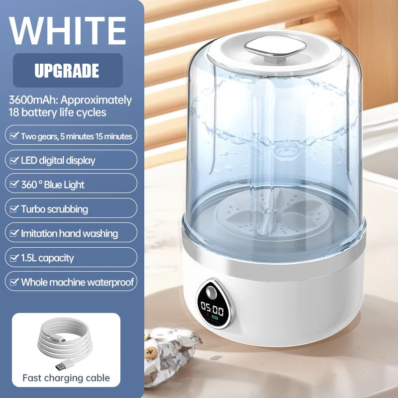 Cordless 1.5L Mini Washer 3600mAh Dual Speed Adjustable for Traveling Socks Underwear Portable Clothes Washing Cups