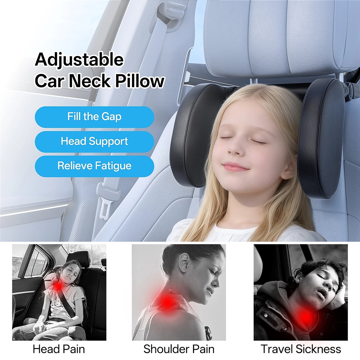 Ergonomic Car Side Sleep Pillow, Durable PVC Leather Memory Foam Headrest Pillow, All-Season Comfort Pillow for Travel Napping R
