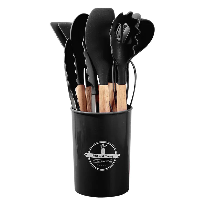 12PCS Silicone Kitchen Utensils Set Non Stick Cooking Tools Wooden Handle Spatula Turner Egg Whisk Baking BBQ Heat Resistant