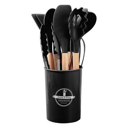 12PCS Silicone Kitchen Utensils Set Non Stick Cooking Tools Wooden Handle Spatula Turner Egg Whisk Baking BBQ Heat Resistant