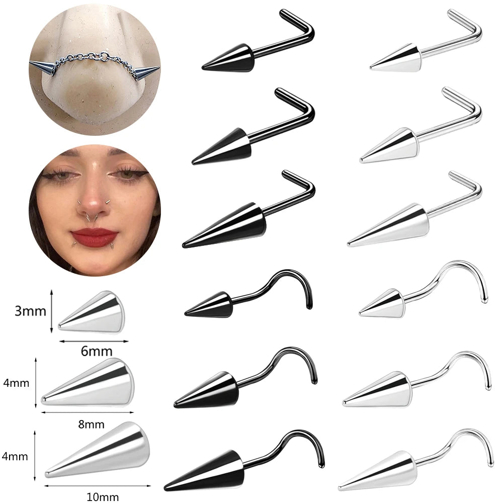 ZS 20G Black Spike Nostril Piercings Stainelss Steel Cone Nose Studs Doule Nose Piering Jewelry Long Spike Nostril Ring Chain