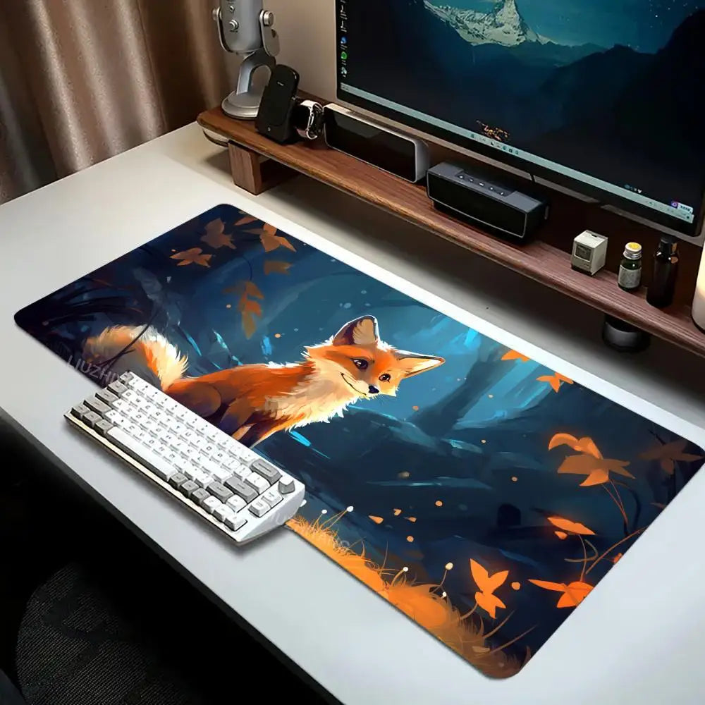 Cute Fox Theme Mouse Pad Large Computer Office Game Table Mat XXL Rubber Non-slip Stitched Edge Keyboard Mats Washable Desk Pads