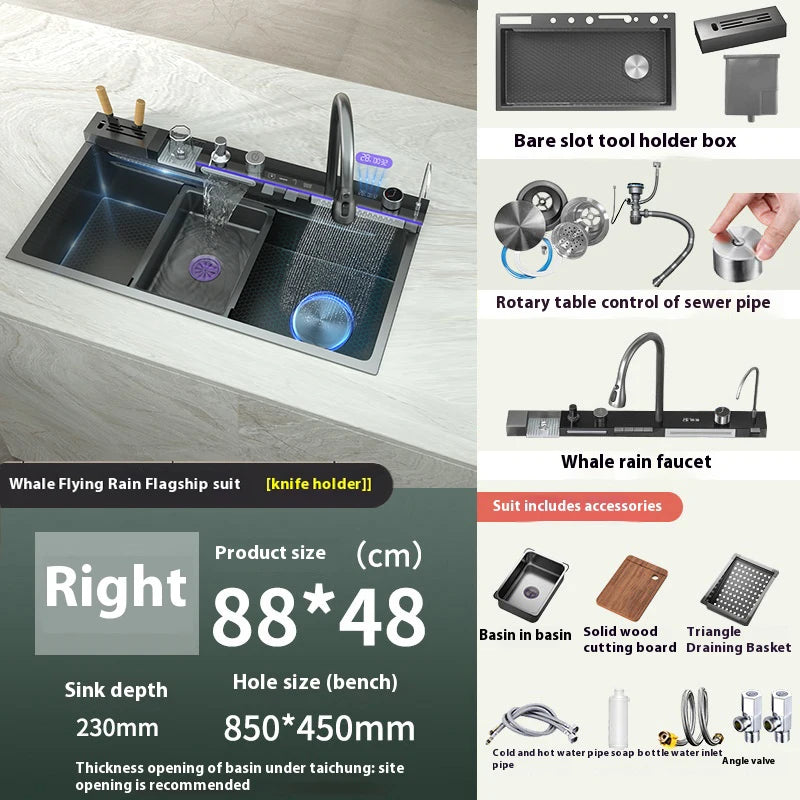 Stainless Steel Kitchen Sink Multifunctional Digital Display Waterfall Large Single Slot With Rack For Knife Wash Dish Basin