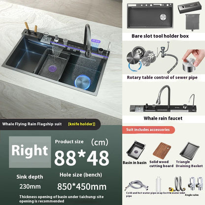 Stainless Steel Kitchen Sink Multifunctional Digital Display Waterfall Large Single Slot With Rack For Knife Wash Dish Basin