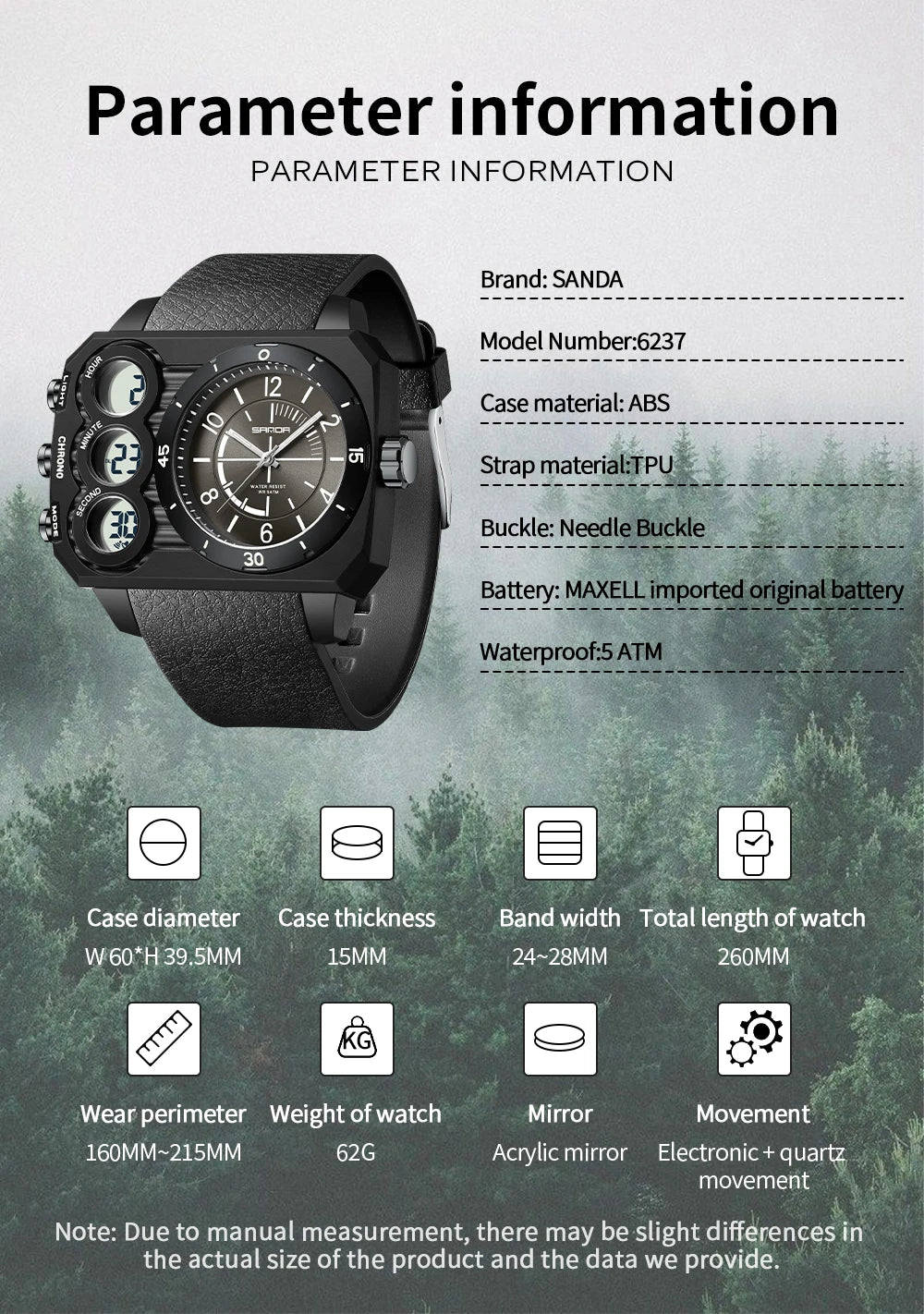 SANDA Fashion Electronic Watch Outdoor Sports Multi functional Waterproof Night Light Dual Display Men's Electronic Watch 6237