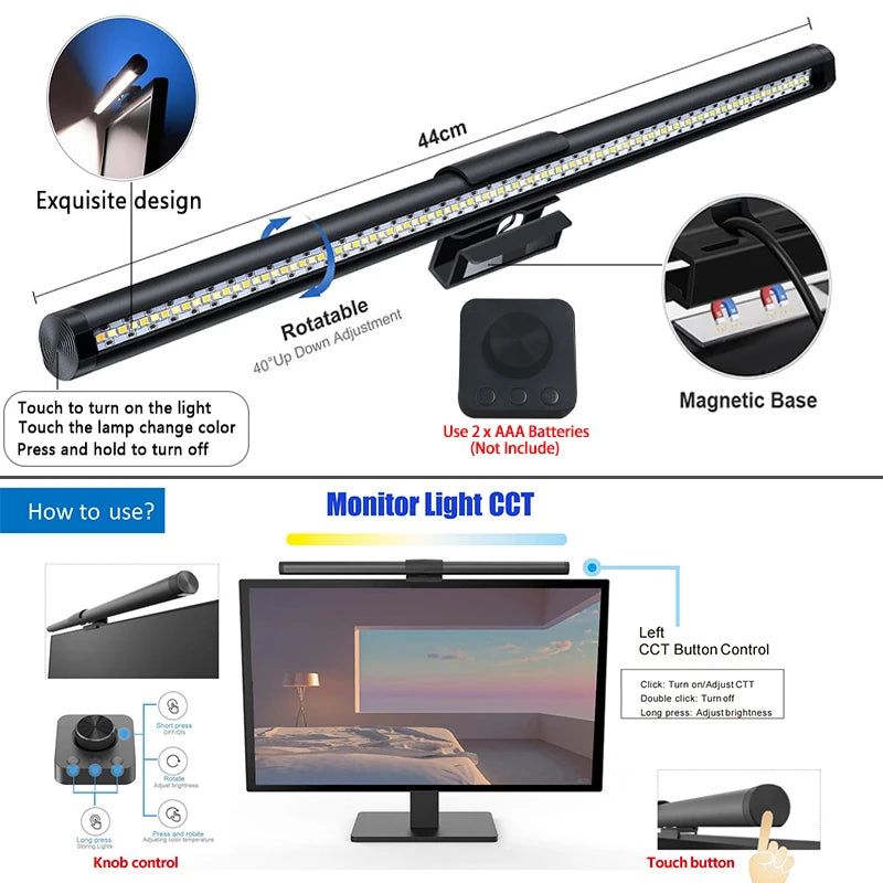 Eye-Care Screen Light Bar 44cm Aluminum Knob Remote Table Computer Monitor LED Task Lamp USB Magnetic Light Office Desk Lamp