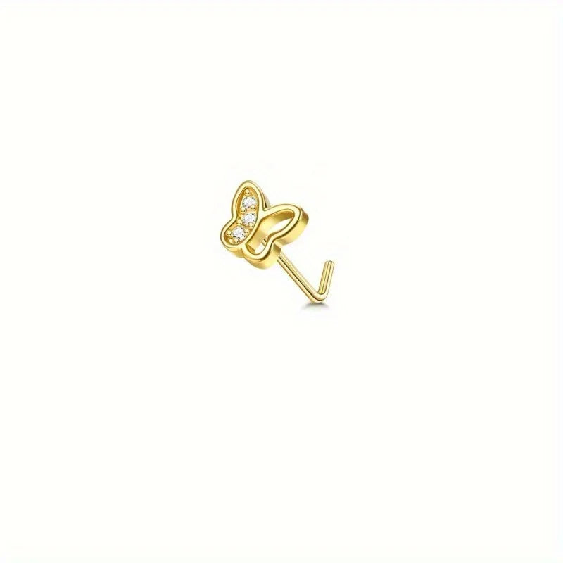 Drperfect 1Pc 22G Nose Studs L Shaped Nose Rings Studs for Women Opal CZ Heart Butterfly Nose Piercing Jewelry