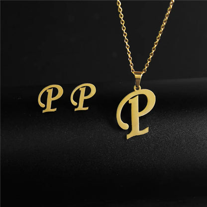 A-Z 26 Stainless Steel Initial Necklace and Earring Jewelry Set Letter Pendant Chain Alphabet Mom Christmas Gift
