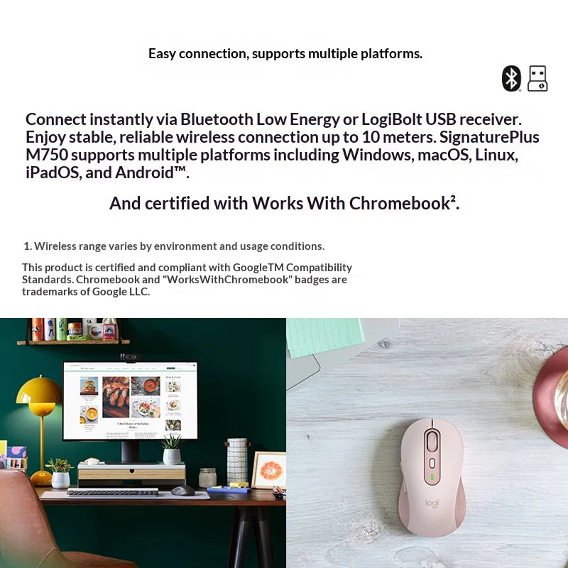 Logitech M750 Wireless Mouse Silent Click, Bluetooth/2.4GHz, Ergonomic, Multi-Device, Compatible with PC Laptop Office Home