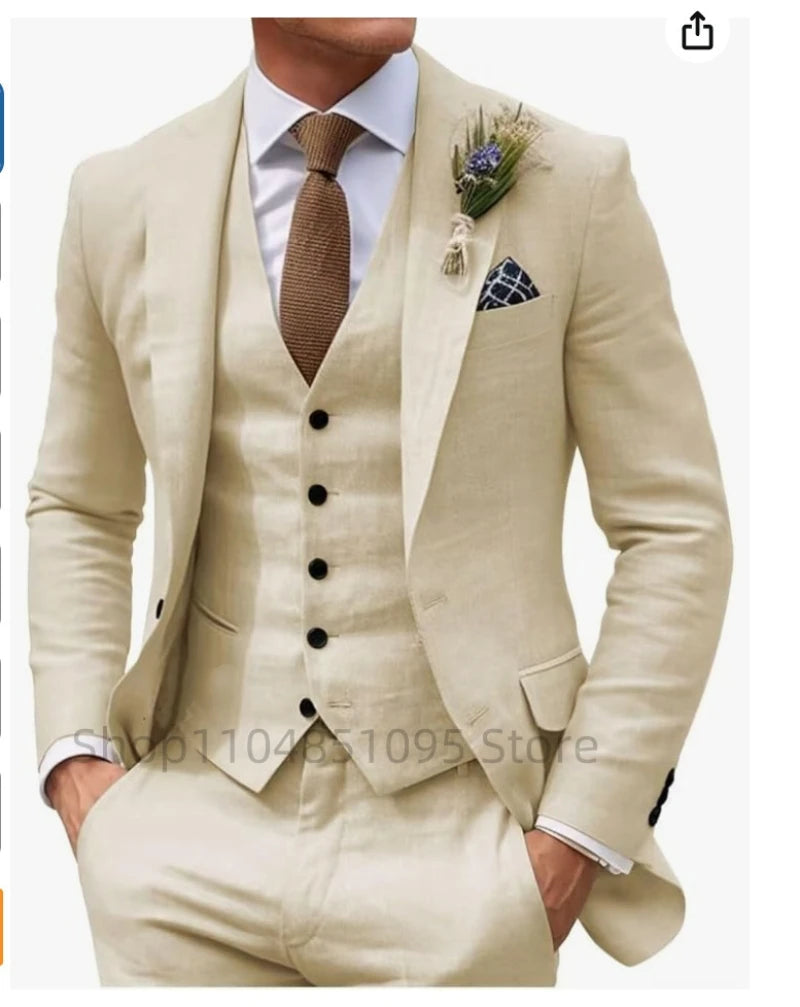 3 Piece Beige/Blue Linen Wedding Men Suits Summer Groom Tuxedos Casual Beach Man Suits Set Jacket Vest with Pants for Party Prom