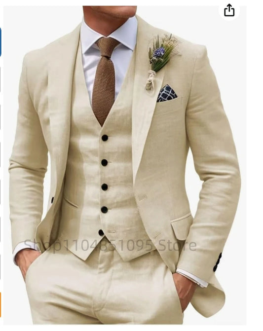3 Piece Beige/Blue Linen Wedding Men Suits Summer Groom Tuxedos Casual Beach Man Suits Set Jacket Vest with Pants for Party Prom