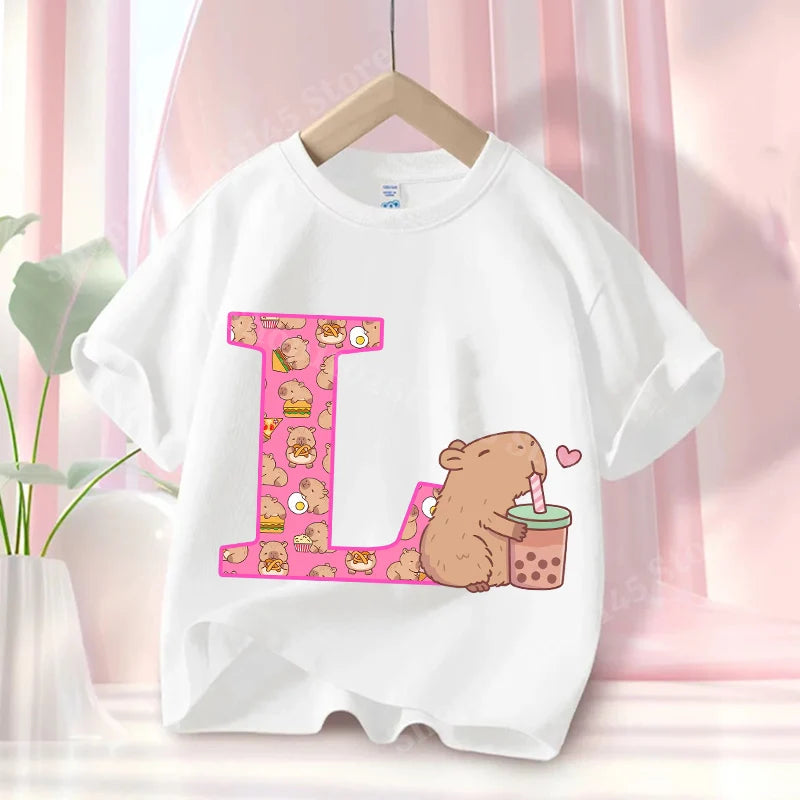 Summer Capibara Anime Letter A-Z Cute Printed Children's T-shirt Girls Short Sleeve Cotton Fashion Tops Kids Clothes Casual Tees