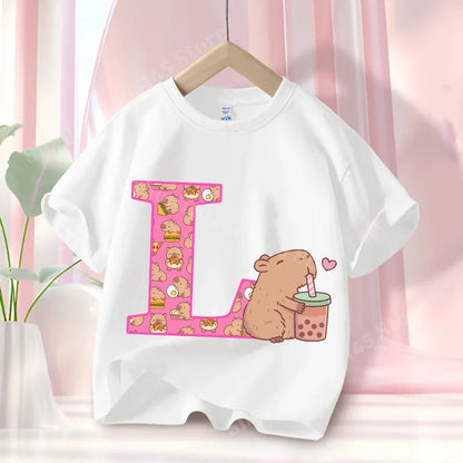 Summer Capibara Anime Letter A-Z Cute Printed Children's T-shirt Girls Short Sleeve Cotton Fashion Tops Kids Clothes Casual Tees