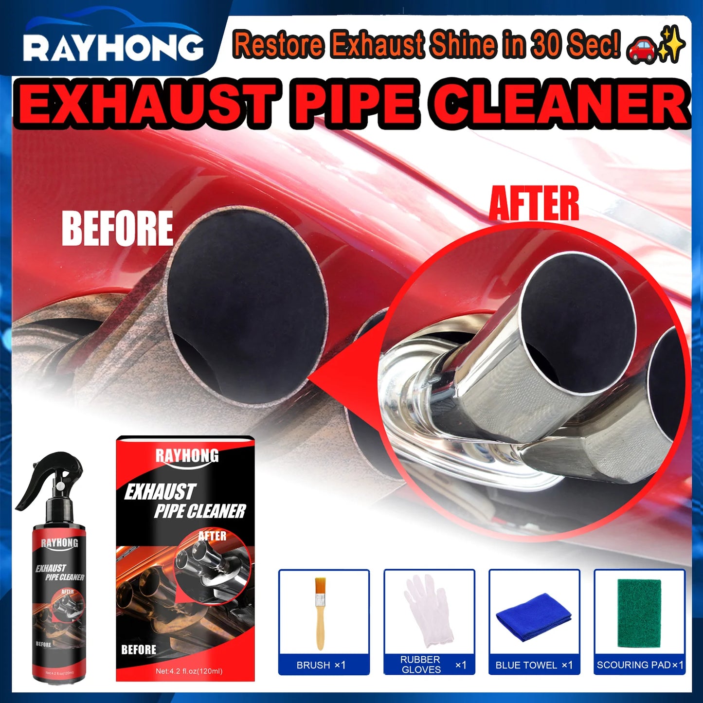 Car Exhaust Pipe Cleaner Metal Polish Rust Remover 120ml Kit Motorcycle Maintenance Tool Automotive Detail Spray Restore Shine
