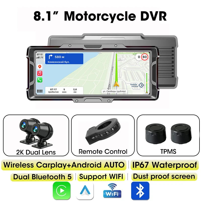 Develuck 8.1" Motorcycle DVR 2K Front Camera Navigation GPS Wireless Carplay Android Auto Moto Monitor with TPMS Sensor Dual BT