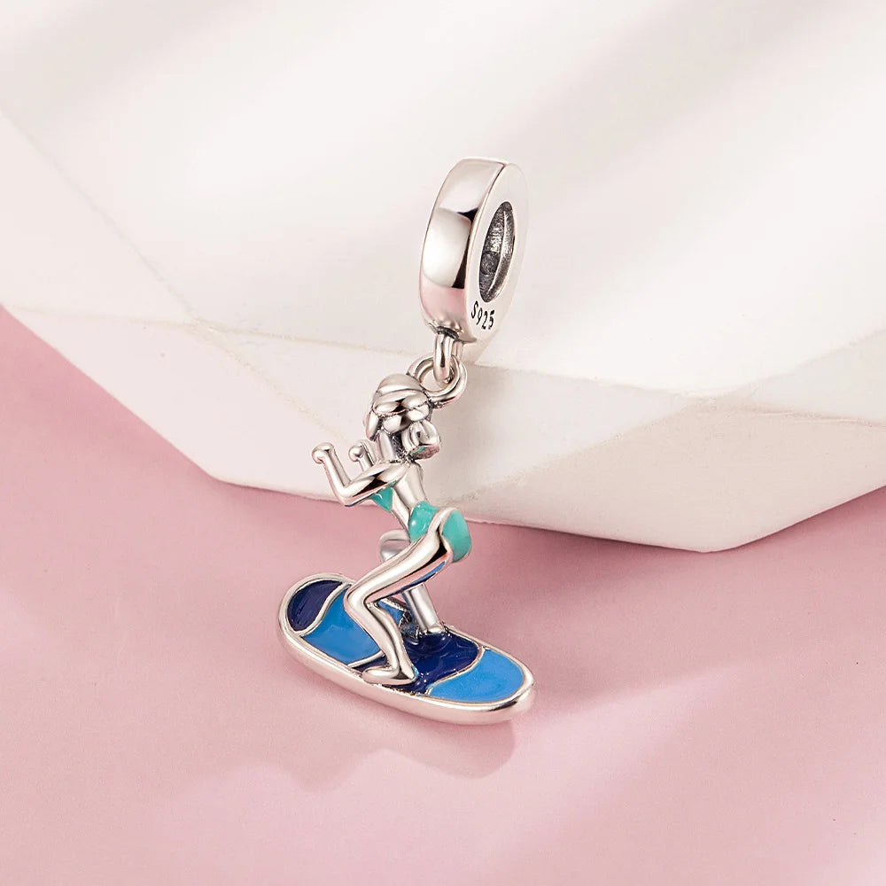 Leisurely 925 Sterling Silver Beach Trip Hawaiian Bikini Surf Coconut Tree Charm Fit DIY Bracelet Necklace Travel Souvenirs