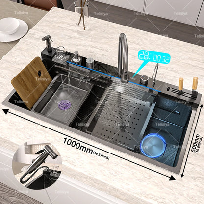 Stainless Steel Kitchen Sink Multifunctional Digital Display Waterfall Large Single Slot With Rack For Knife Wash Dish Basin