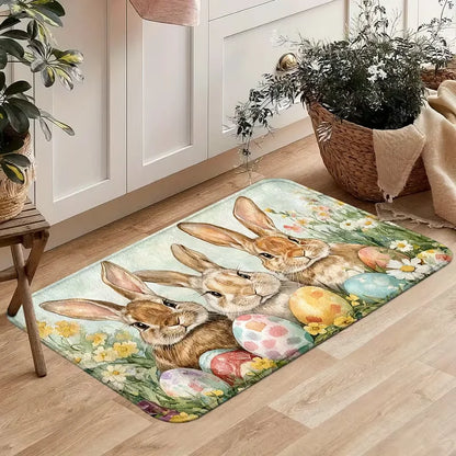 Easter Bunny & Eggs Kitchen Mat Non-Slip Machine Washable Knitted Rugs, Mats for Home, Office, Sink, Laundry Room, Easter Decor