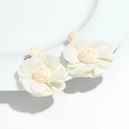 Summer Colorful Lafite Chiffon Flower Earrings for Women Boho Handwoven 3D Flower Fabric Drop Earring Beach Party Jewelry Gifts