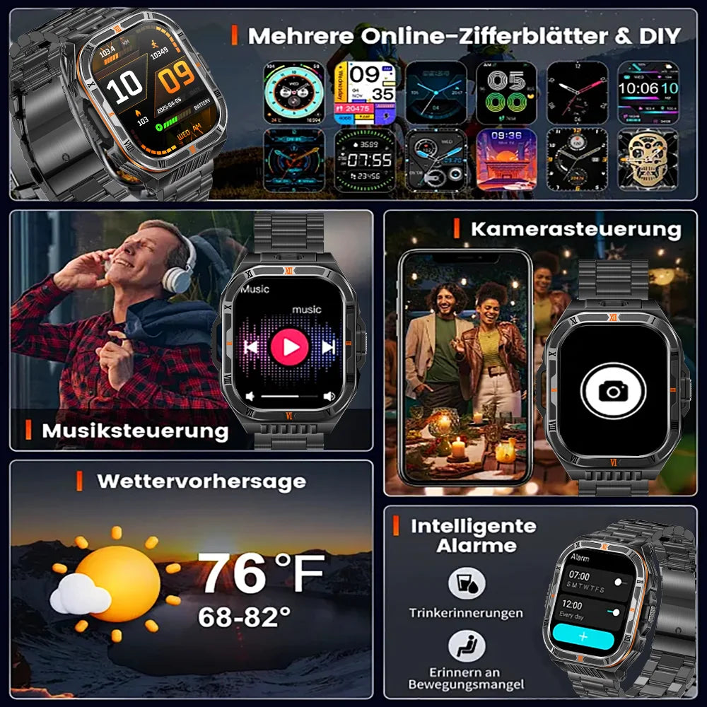 New Smart Watch Men 2.01"HD Screen 3ATM Waterproof Flashlight Health Monitor 1100mAh Battery Sport Bluetooth Call Smartwatch