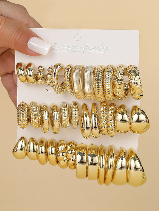 6-18pairs Fashionable Glossy Gold Spray-Coated ABS Earrings,Skin-Friendly,Minimalist Geometric Earrings for Ladies'All-Day Wear