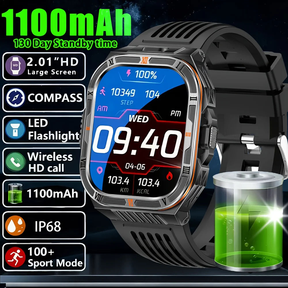New Smart Watch Men 2.01"HD Screen 3ATM Waterproof Flashlight Health Monitor 1100mAh Battery Sport Bluetooth Call Smartwatch