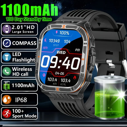 New Smart Watch Men 2.01"HD Screen 3ATM Waterproof Flashlight Health Monitor 1100mAh Battery Sport Bluetooth Call Smartwatch