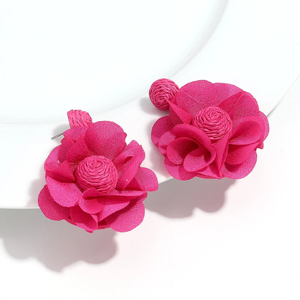 Summer Colorful Lafite Chiffon Flower Earrings for Women Boho Handwoven 3D Flower Fabric Drop Earring Beach Party Jewelry Gifts