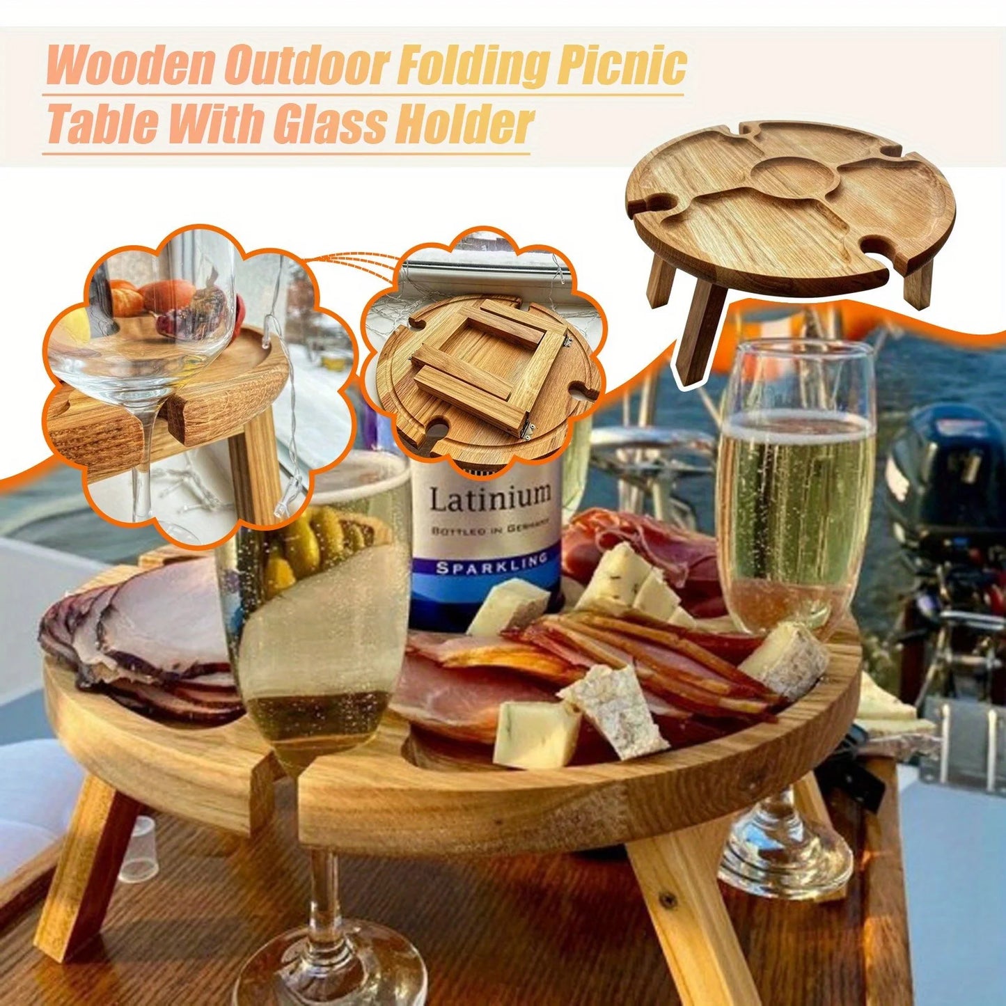 Foldable Wooden Picnic Table Outdoor Red Wine Table With Glass Cup Holder 2in1 Portable Fruit Plate Snack Desk For Beach Garde