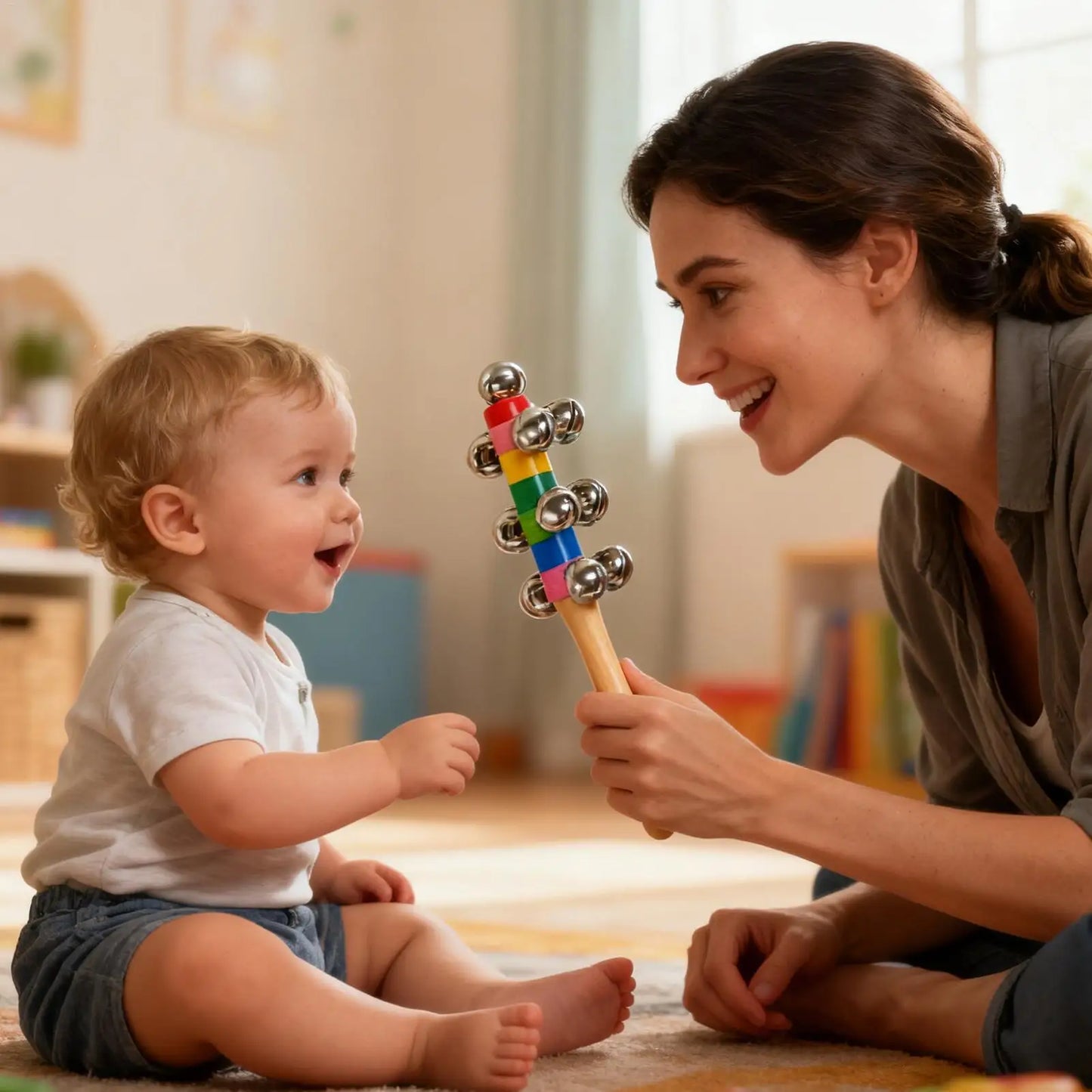 Rainbow Wooden Bell Rod Instruments Toys Early Education Stick Shaker Musical Toy for Children Kids Gifts Percussion Instruments
