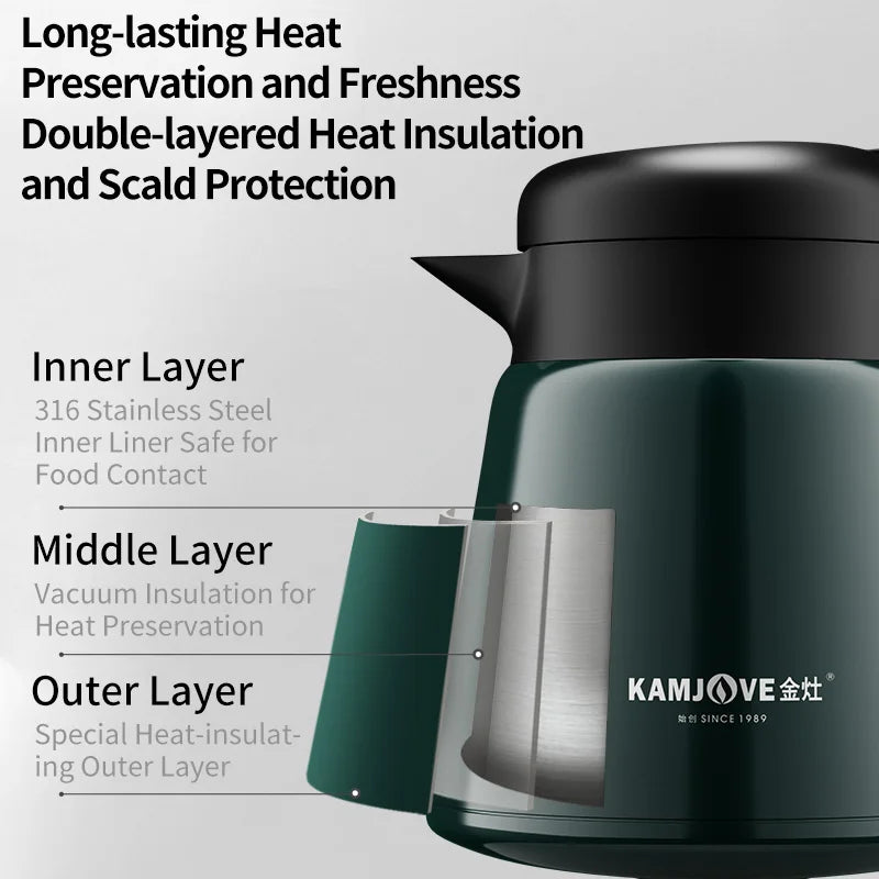 KAMJOVE Insulated Kettle Household Warm Keeping Pot White Tea Teapot 316 Stainless Steel Teapot Hot Water Bottle Soft Pot 800ml