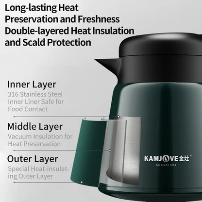 KAMJOVE Insulated Kettle Household Warm Keeping Pot White Tea Teapot 316 Stainless Steel Teapot Hot Water Bottle Soft Pot 800ml