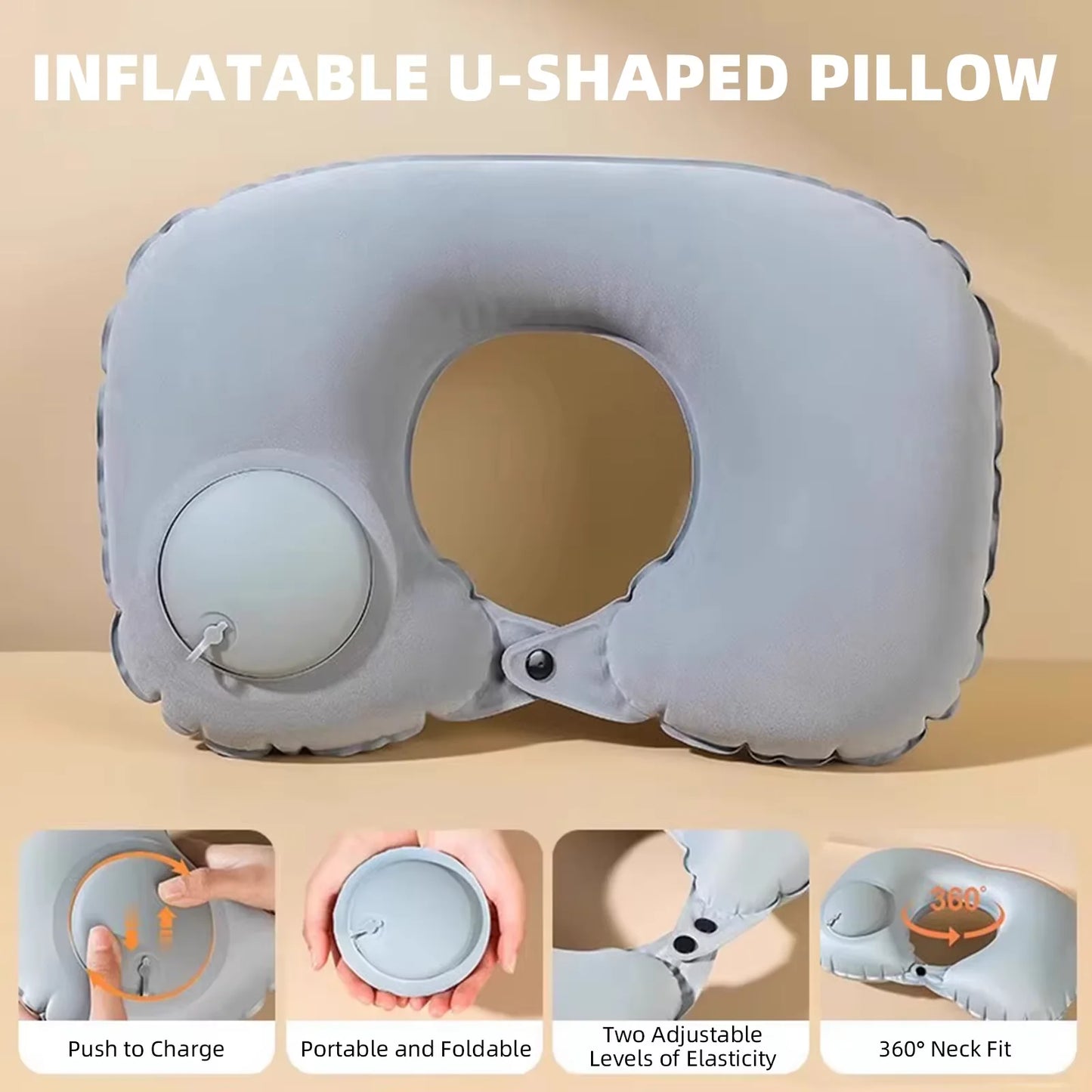 Flannel Press Inflatable U Shaped Pillow Ergonomic Supportive 18s Quick Inflate Foldable Neck Pillow for Travel Nap