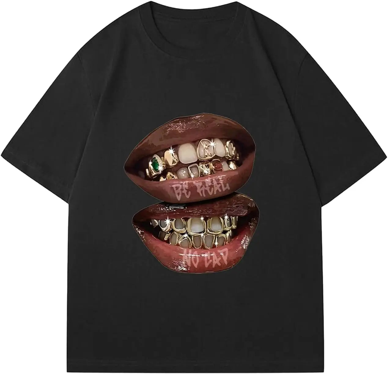 Chic Lips Golden Teeth Vintage T-shirt Rock Goth Casual Tee Clothing Men Oversized Cotton T Shirt Harajuku Y2k Tops Streetwear