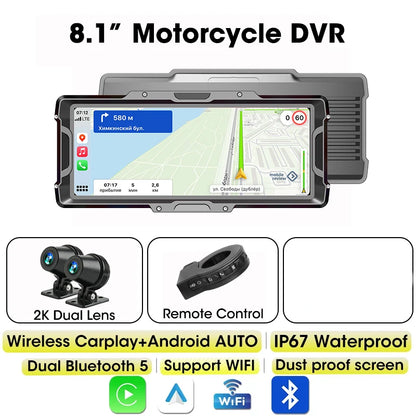 Develuck 8.1" Motorcycle DVR 2K Front Camera Navigation GPS Wireless Carplay Android Auto Moto Monitor with TPMS Sensor Dual BT