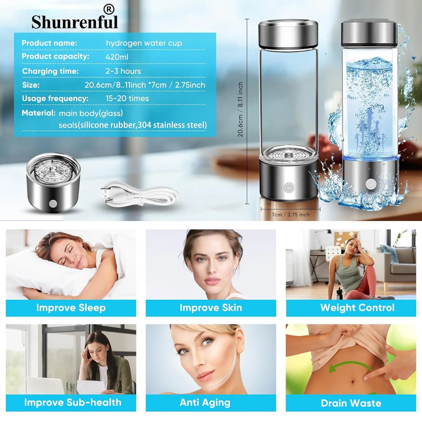 Portable Hydrogen Water Generator Bottle Rechargeable Electric Alkaline Water Ionizer Cup Hydrogen-Rich Health Care Drinkware