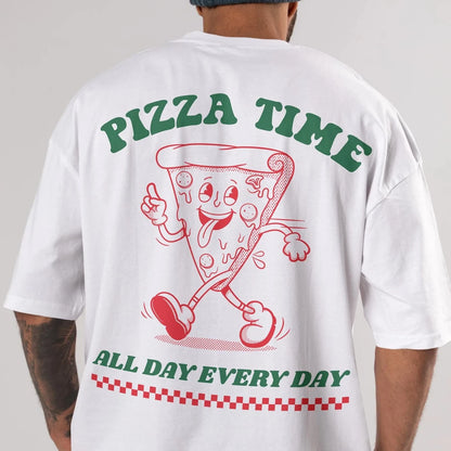 Men Cotton T-Shirt Funny Pizza Time graphic print T Shirt Unisex O-neck short-sleeved Tee Oversized casual Tshirts streetwear
