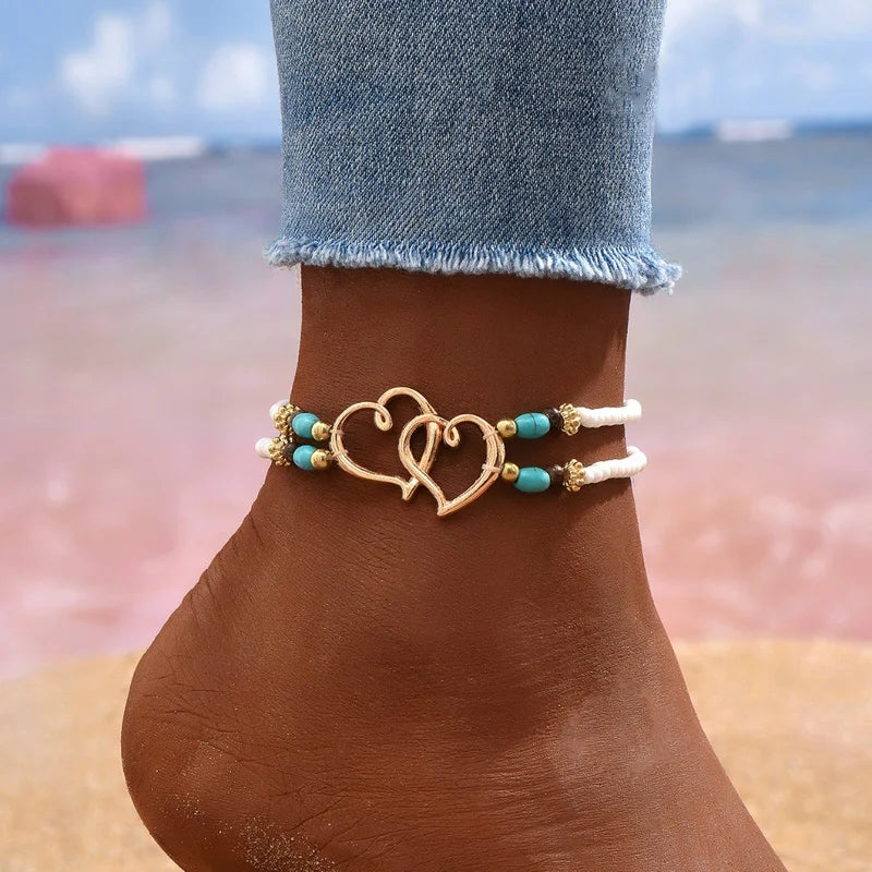 7pc/set Bohemian Rice Beads Starfish Pendant Anklet Set Fashion Summer Beach Sea Shell Multilayer Ankle Bracelet On Foot Jewelry
