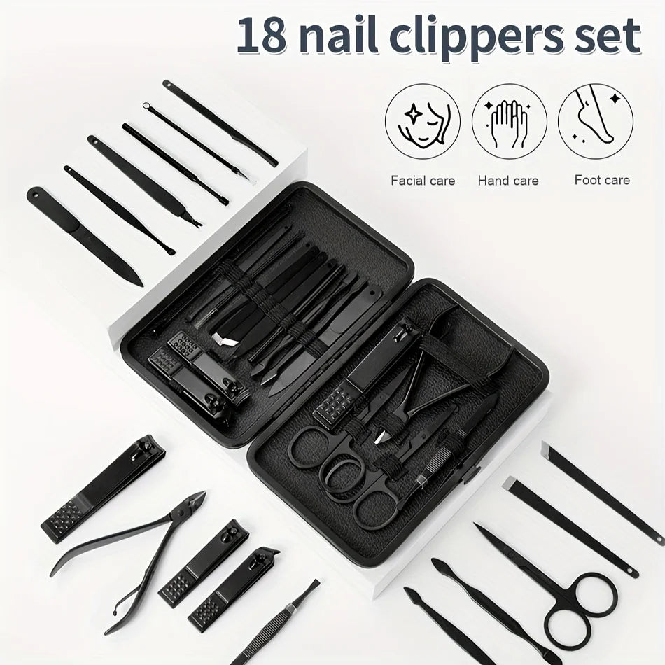 7/18pcs Professional Nail Clipper Set with Storage Box Stainless Steel Black Nail Beauty Kit for Ear Manicure Pedicure Care Tool